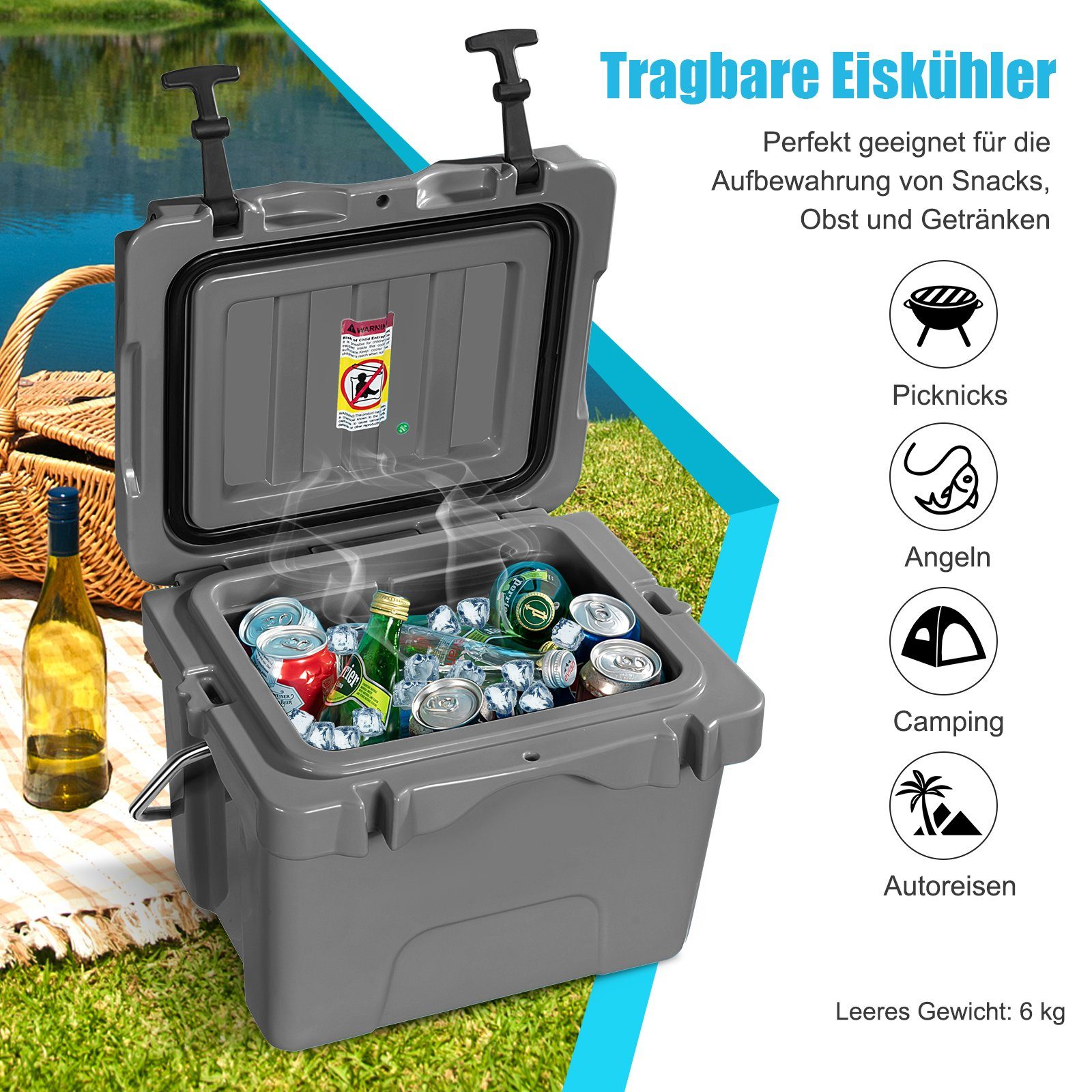 COSTWAY Kühlbox, 15 l, 15L, -30°C bis 75°C, mit Griff & Getränkehalter, 45x34x33cm