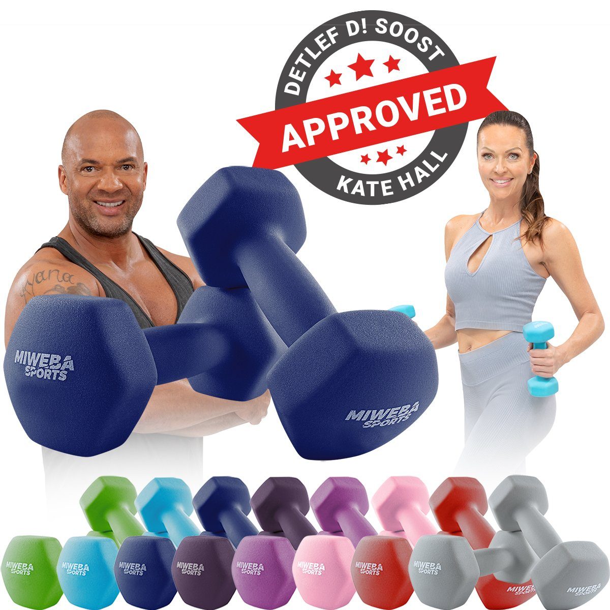 Miweba Sports Kurzhantel Gymnastikhanteln NKH100 - 9 Gewichtsklassen, (Anti-Rutsch-Oberfläche - Neopren - bodenschonend - Hexagon-Form - 8 Farben - Training - Krafttraining - Muskelaufbau - Fitness - Sport - Workout, 0,5 kg - 1 kg - 2 kg - 3 kg - 4 k