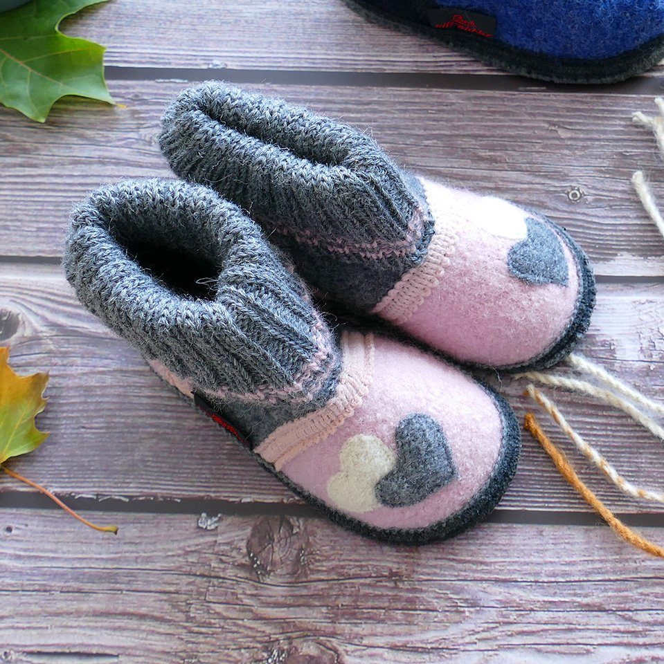 Beck Hüttenschuh Little Hearts Hüttenschuhe (aus Österreich, für Kita, Schule und Zuhause geeignet) sehr warm, 100% atmungsaktive Schurwolle, rutschfeste Sohle