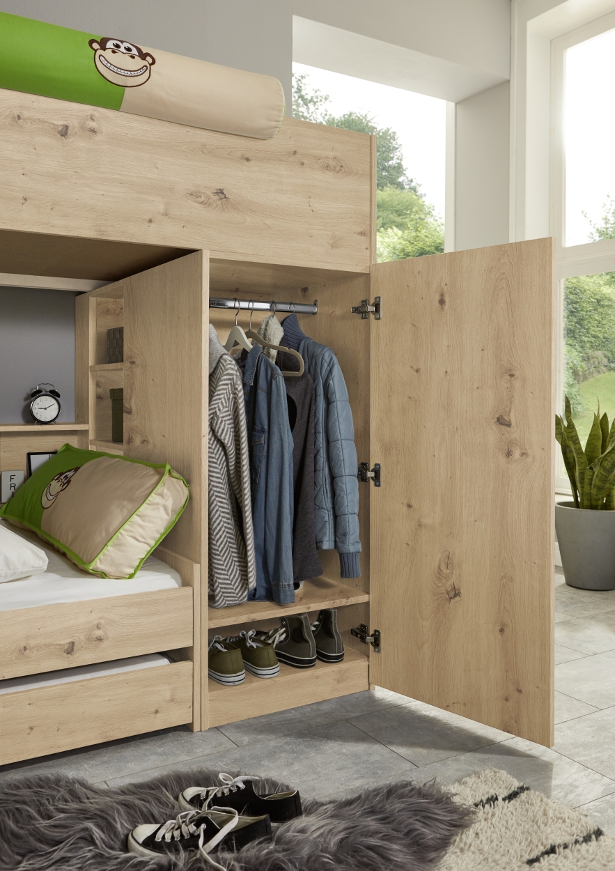 Relita Etagenbett Sina 2 LF á 90x200 cm, m. Kleiderschrank (o. Bettschublade), Eiche Artisan Dekor