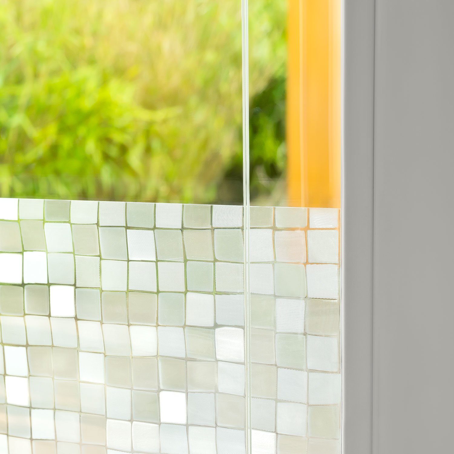 Fensterfolie 1PLUS Fensterfolie Sichtschutzfolie, große Quadrate, SELBSTKLEBEND, statisch haftend, Blickschutzfolie für Fenster, Tür, Glas-Trennwand für Küche Bad und Büro, shelfmade