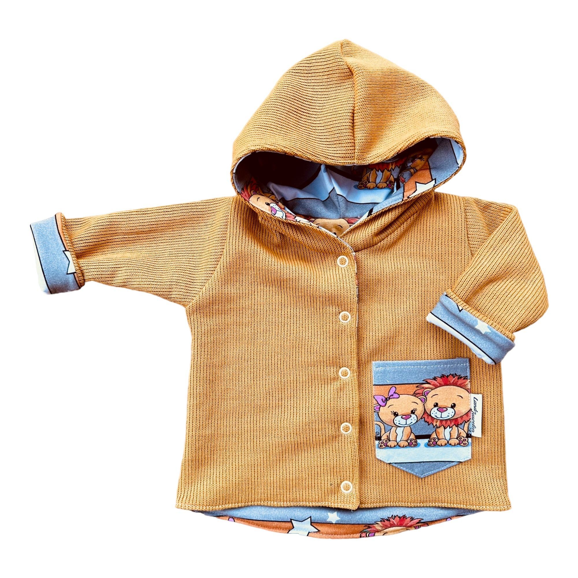 Land-Juwelen Kapuzenstrickjacke Strickjacke Löwe gelb senfgelb unisex