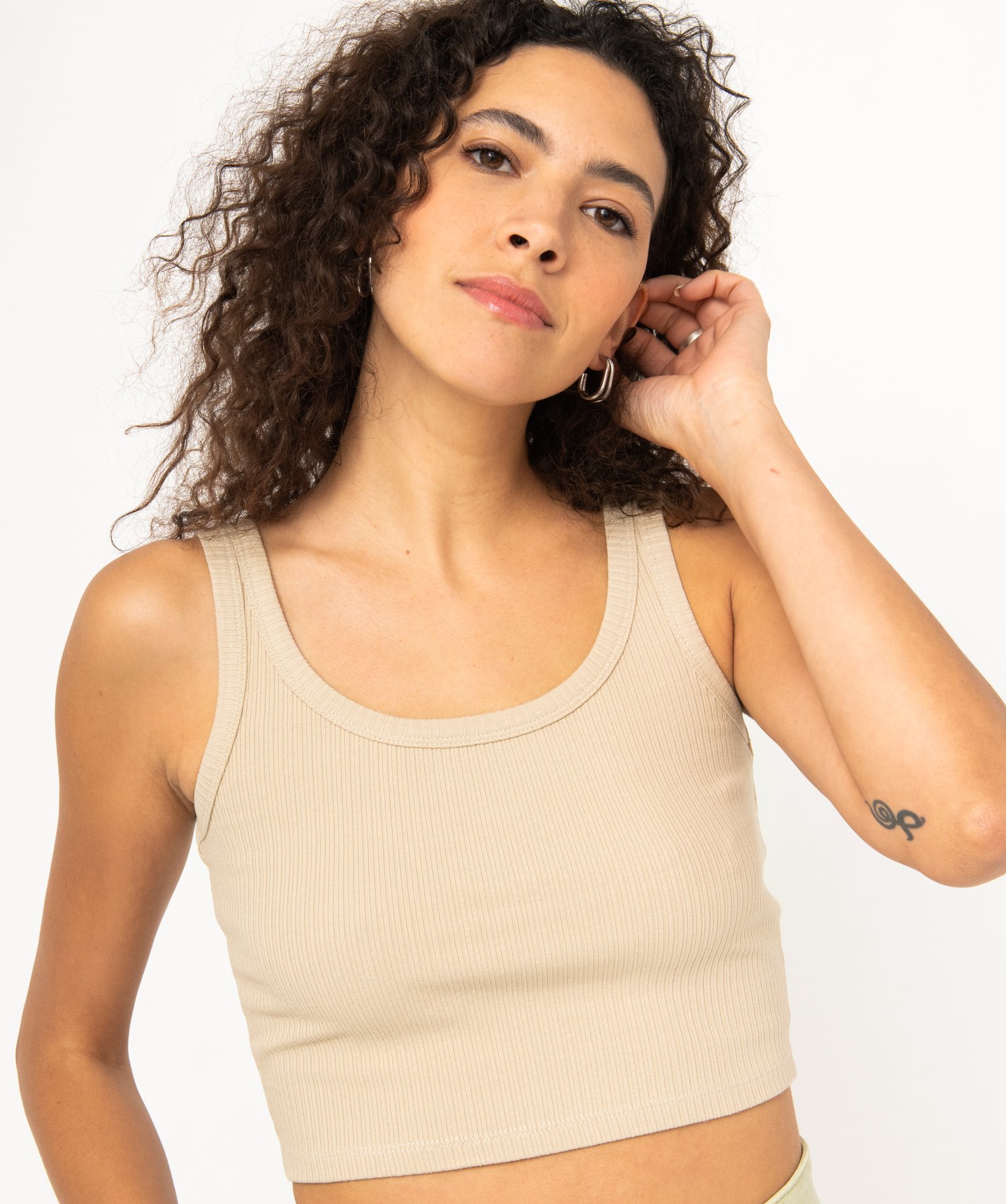 Débardeur court en maille ctelée femme beige | GEMO