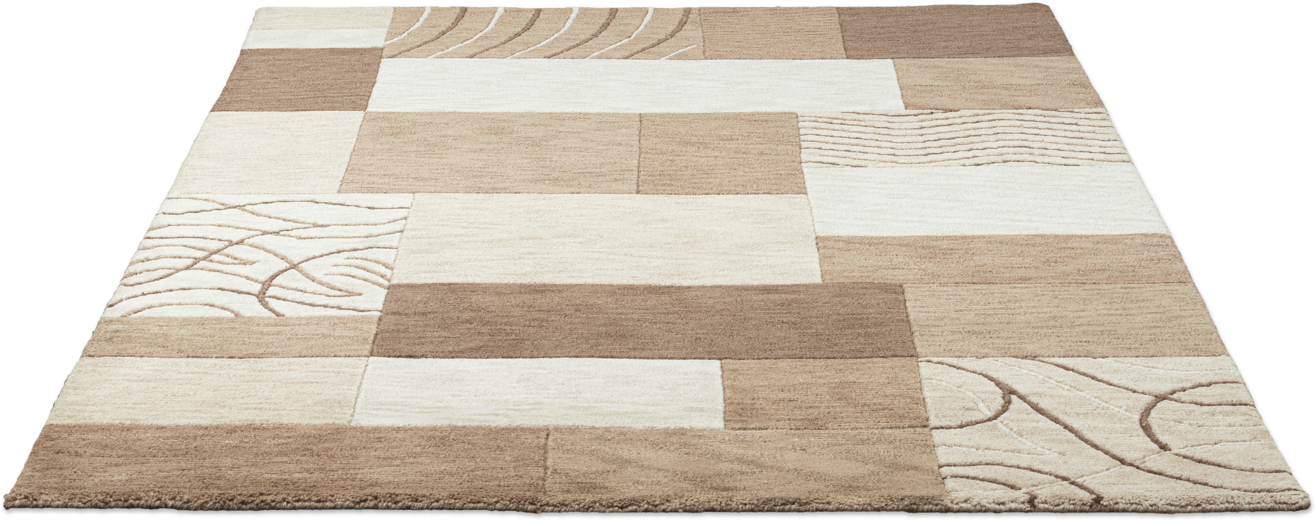 Wollteppich Domas 4028, THEKO, rechteckig, Höhe: 12 mm, Kurzflor, reine Wolle, handgeknüpft, modernes Patchwork Design