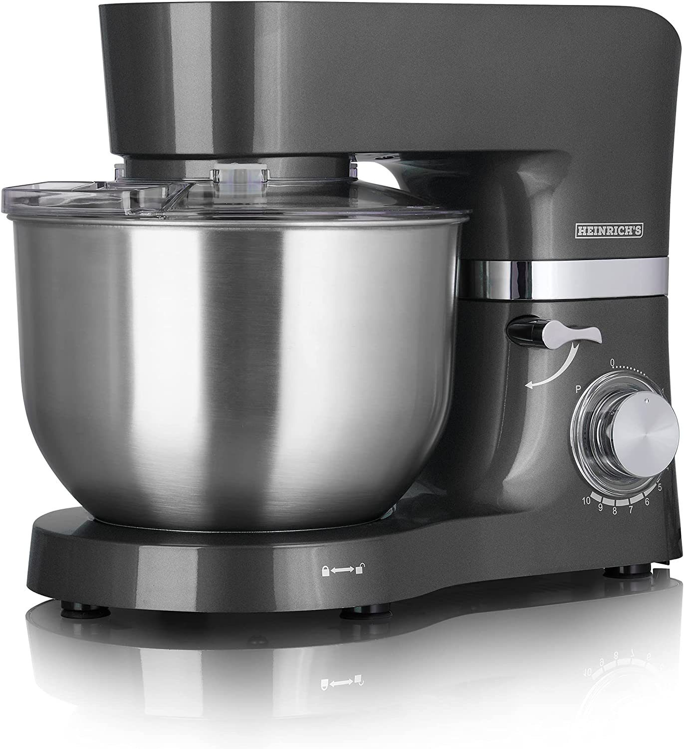 Heinrich´s Multifunktions-Küchenmaschine HKM 6278, 1300 W, 6,20 l Schüssel, XL 6,2L Edelstahlschüssel mit Spritzschutz, 3 Aufsätze, 11 Stufen