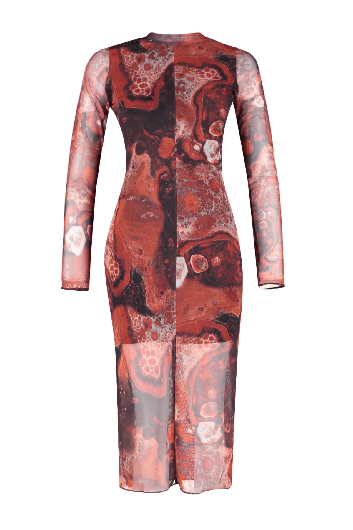 Trendyol Collection  Braunes, bedrucktes, mit Tüll gefüttertes, figurbetontes, hochgeschlossenes Midi-Strickkleid TWOAW24EL00165