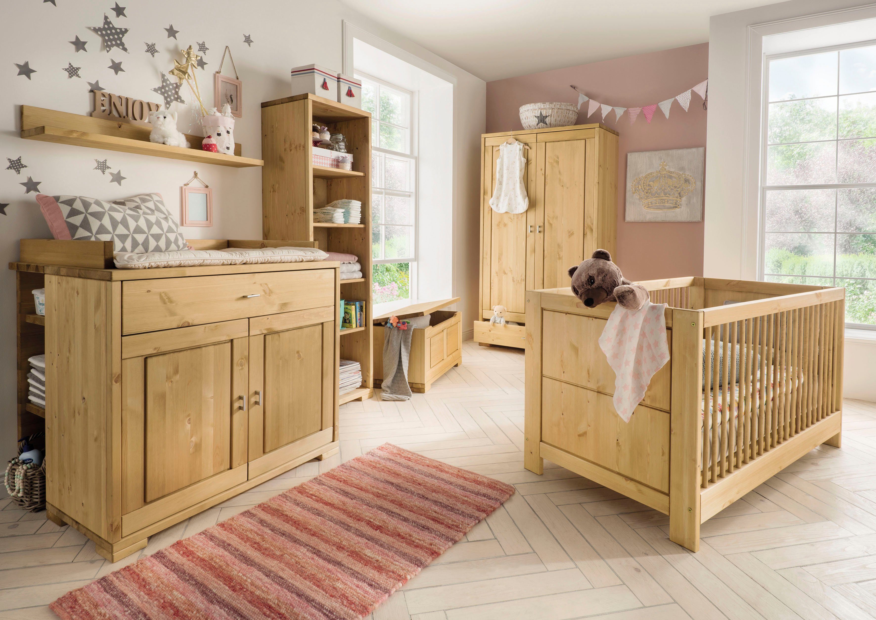 Lüttenhütt Babyzimmer-Komplettset Jaike, (Set, 7-St., Bett + Wickelkommode + 1x Unterbauregal + 2-trg. Schrank etc), Babybett mit Schlupfsprossen, Lgfl. 70 x 140 cm, 2trg Kleiderschrank