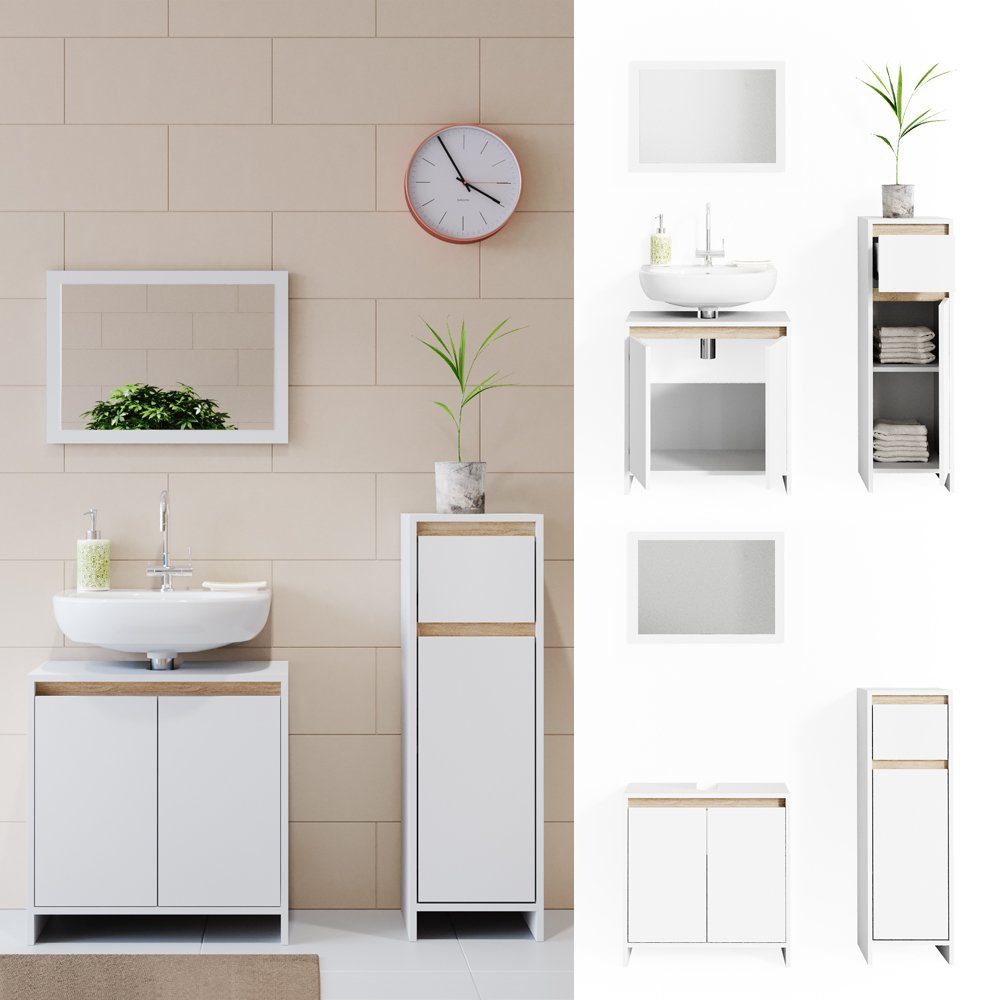Vicco Badmöbel-Set Badezimmerset EMMA Weiß / Sonoma Set 2, (3-er Set, 3-St., 3-er Set)