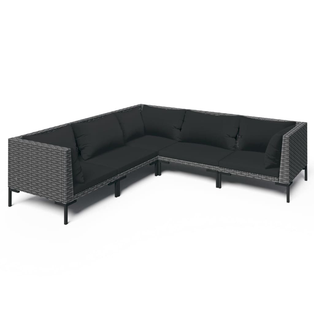vidaXL Gartenlounge-Set 5-tlg. Garten-Lounge-Set mit Auflagen Poly Rattan Dunkelgrau, (1-tlg)