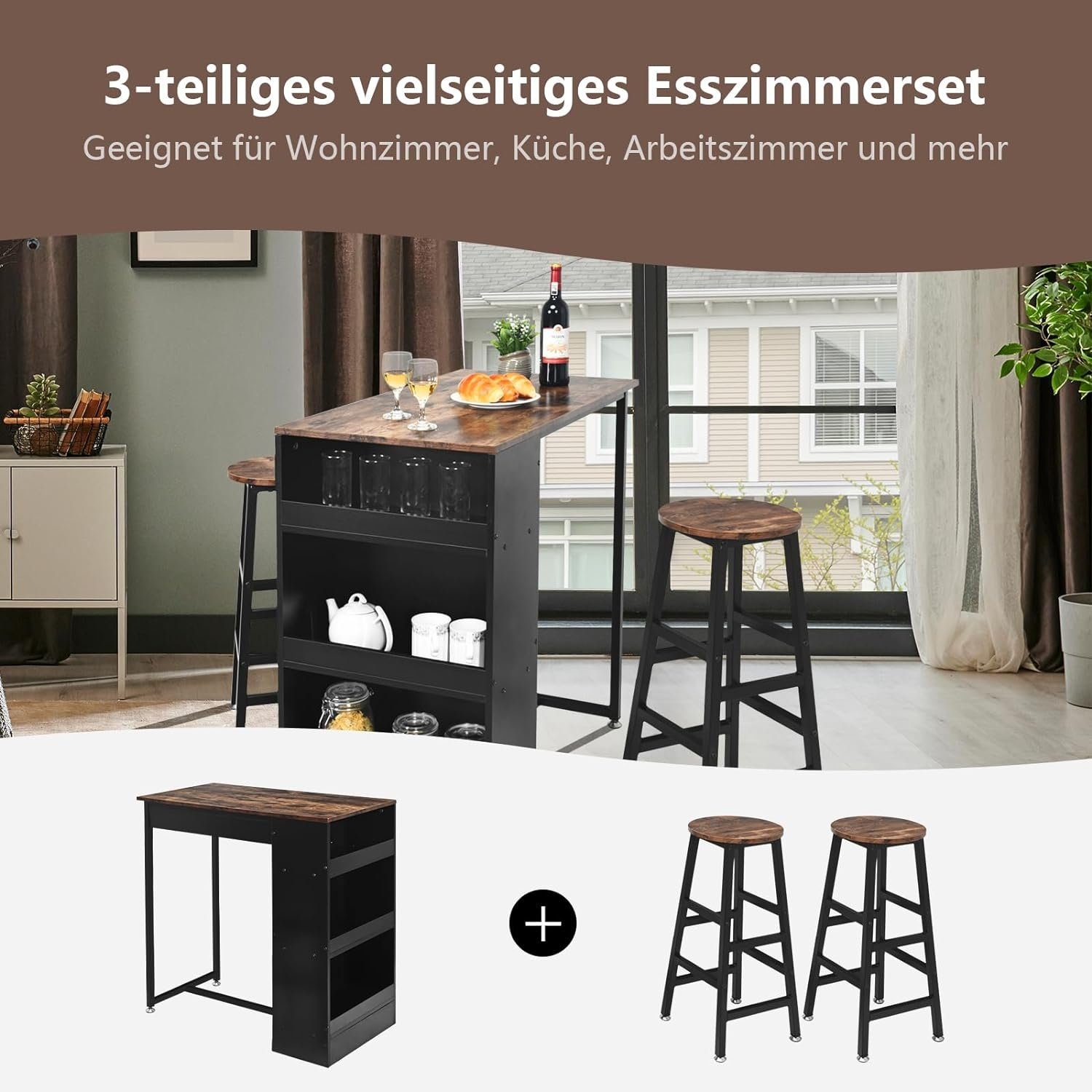 KOMFOTTEU Bartisch Thekentisch (Set 3-Teilig), mit 2 Barhockern & 3 Ablagen