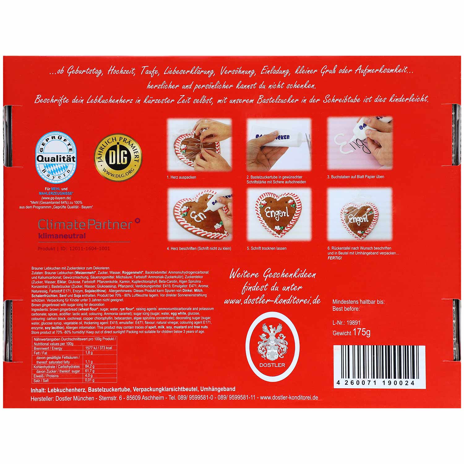 Dostler Lebkuchenherz zum Selbstbeschriften 175g