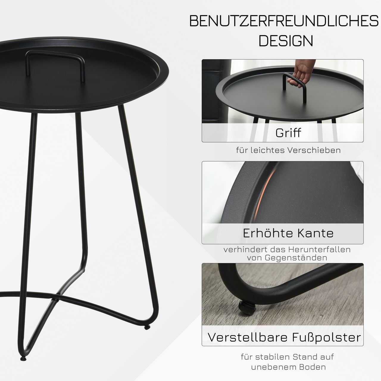 Outsunny Beistelltisch für Garten Couchtisch Kaffeetisch mit Tragegriff Wohnzimmer Metall Schwarz Ø46 x 56H cm