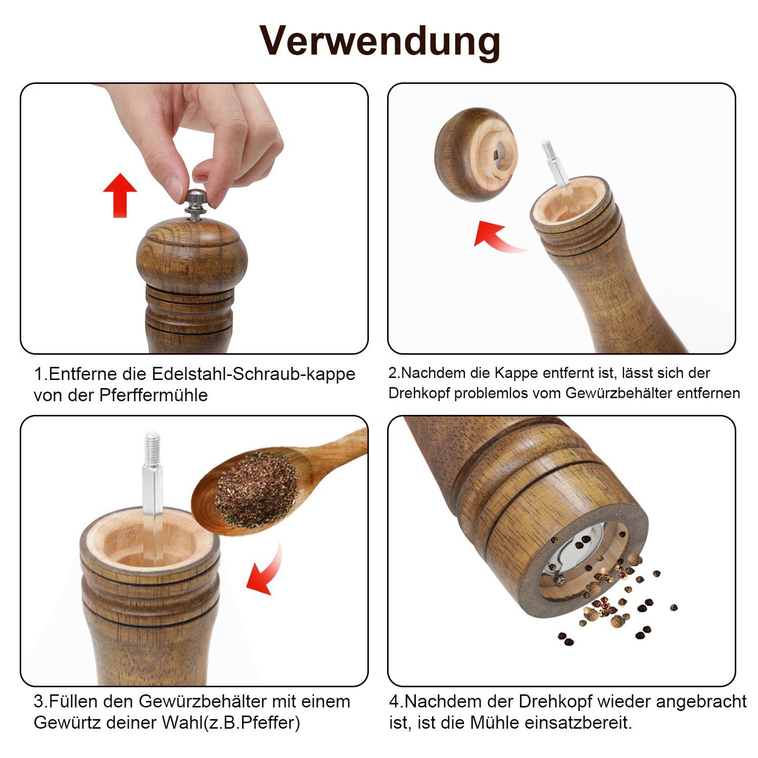 Vicbuy Salz-/Pfeffermühle manuell, (2 Stück), Holz Gewürzmühle Einstellbar