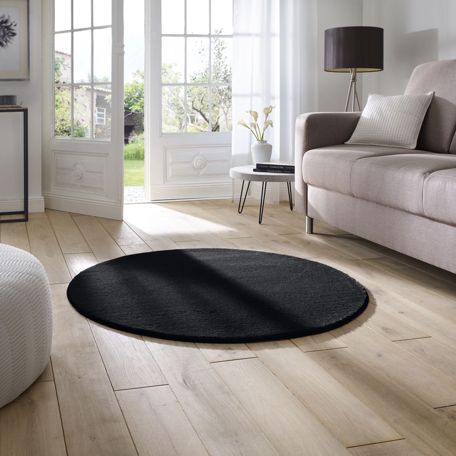 Teppich Supersoft Kurzflorteppich Fiona Uni, TaraCarpet, rund, Höhe: 19 mm, waschbar schwarz Wohnzimmer Schlafzimmer Kinderzimmer 080x080 cm