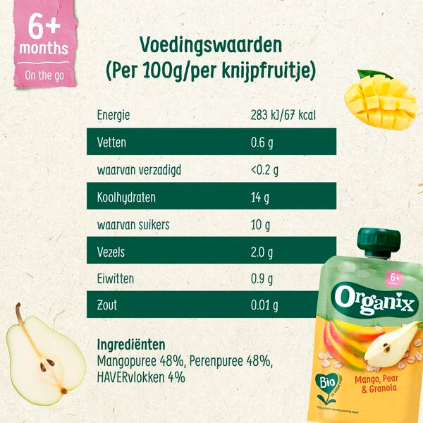 Organix 6 M Mango, Peer & Granola Knijpfruit 100g