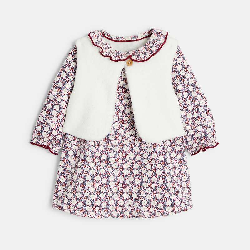 Robe en molleton fleuri et gilet soft boa rose naissance