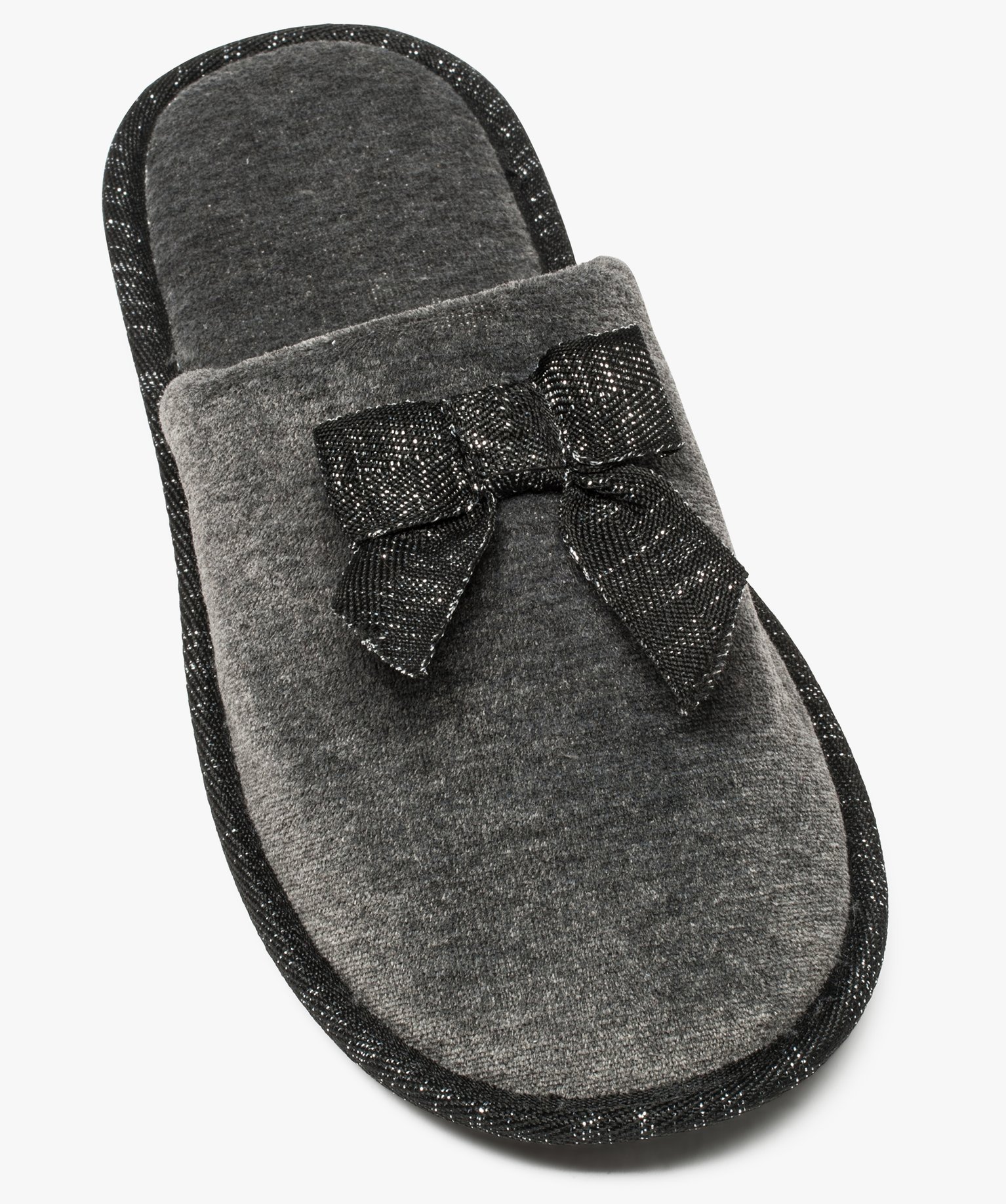 Chaussons femme forme mules en velours ras et n?ud pailleté gris fonce | GEMO