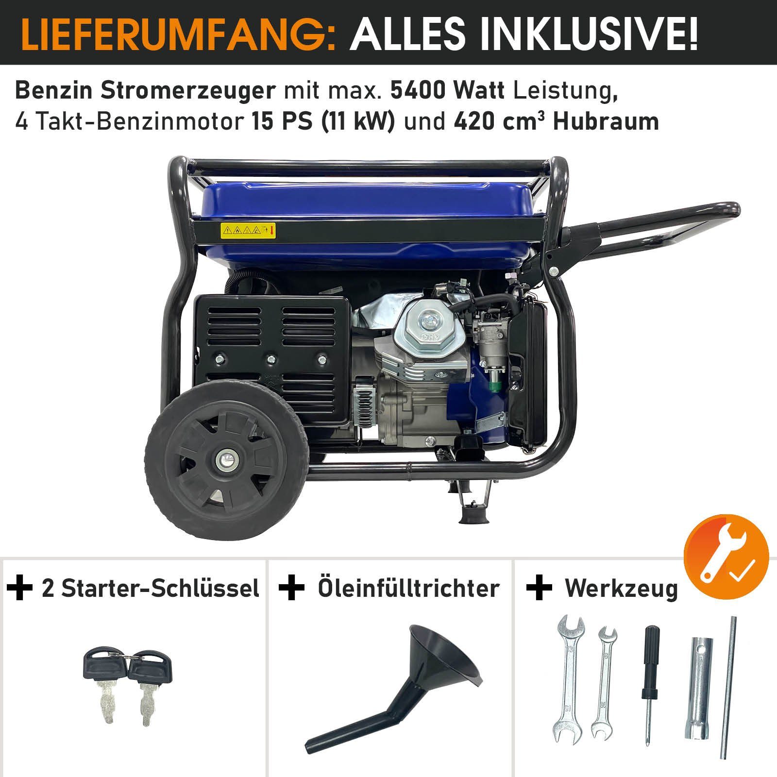 BRAST Stromerzeuger Benzin 11kW (15PS) mit 420cm³ 5000 Watt 4-Takt-Motor E-Start, (Zahlreiche Anschlüsse für flexiblen Einsatz lange), Laufzeiten bis zu 22 Stunden Generator Stromgenerator