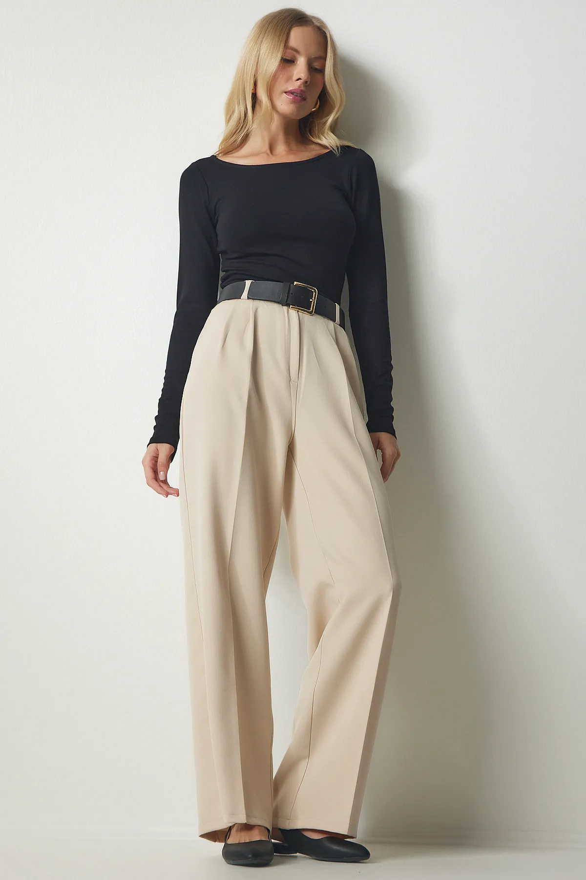 Happiness İstanbul  Damen-Palazzo-Hose mit cremefarbenen Taschen, DW00001