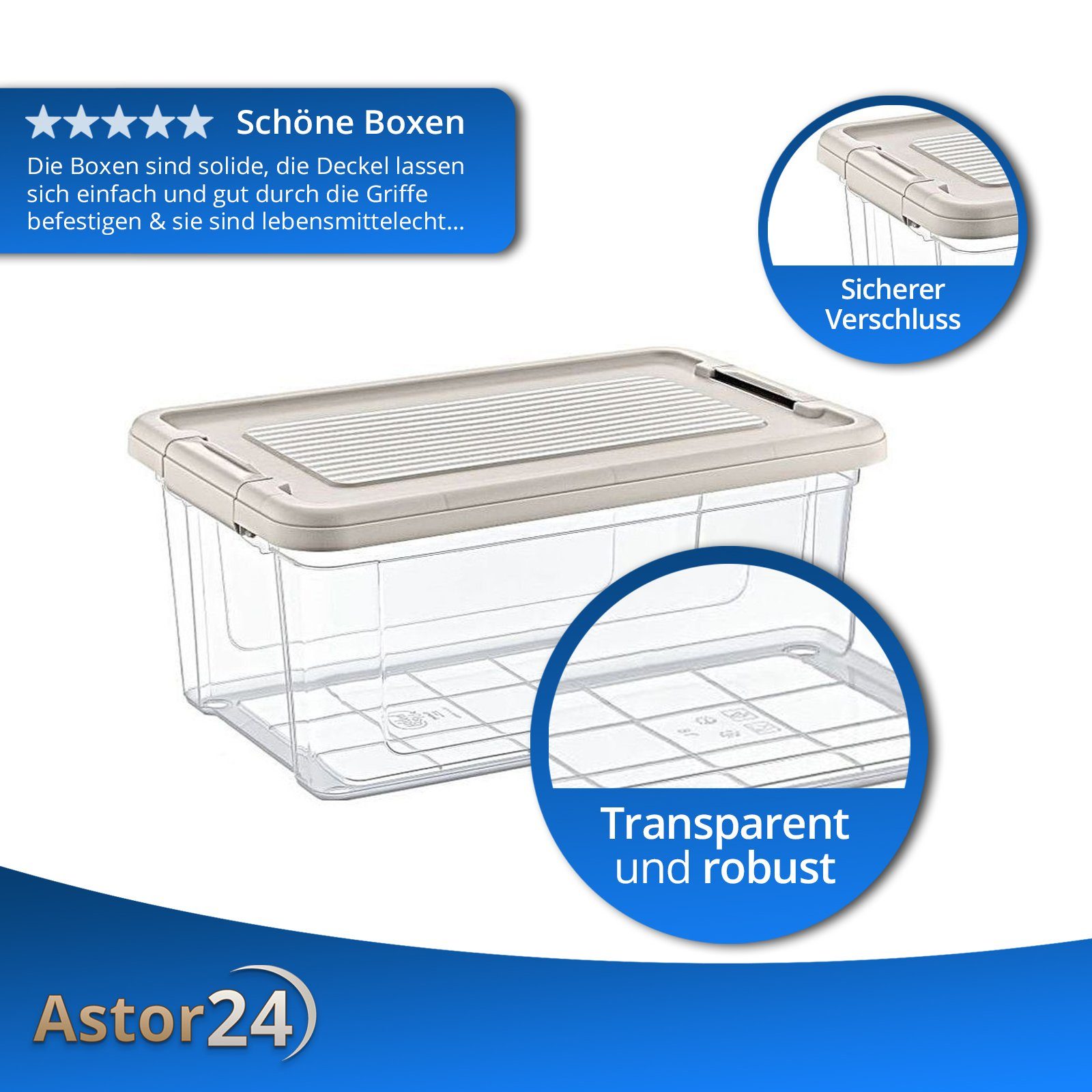 astor24 Aufbewahrungsbox Aufbewahrungsbox Deckel Kunststoffbox Transparent Regalbox Lagerbox (Spielzeugbox, 5 St), 16 verschiedene Größen Stapelbox Kiste Lagerbox Werkstatt Garten