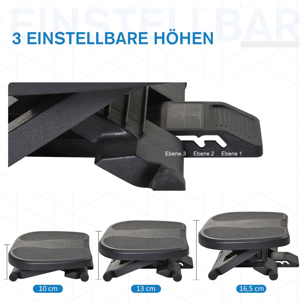HOMCOM Fußstütze, Fußablage, Fußablage, 3 Höhen Verstellbar, HIPS, schwarz, 45 x 34 x (10-16,5) cm