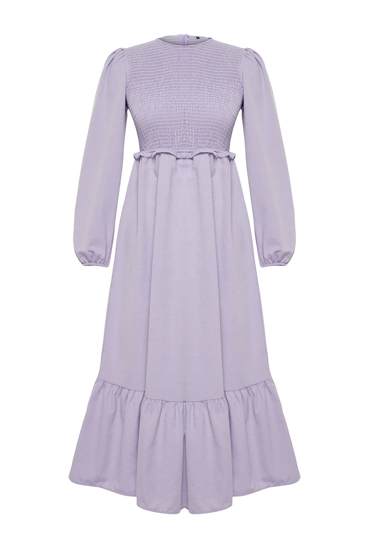 Trendyol Modest  Lilafarbenes, detailliertes Gipe-Webkleid mit Rundhalsausschnitt TCTAW22EB0109