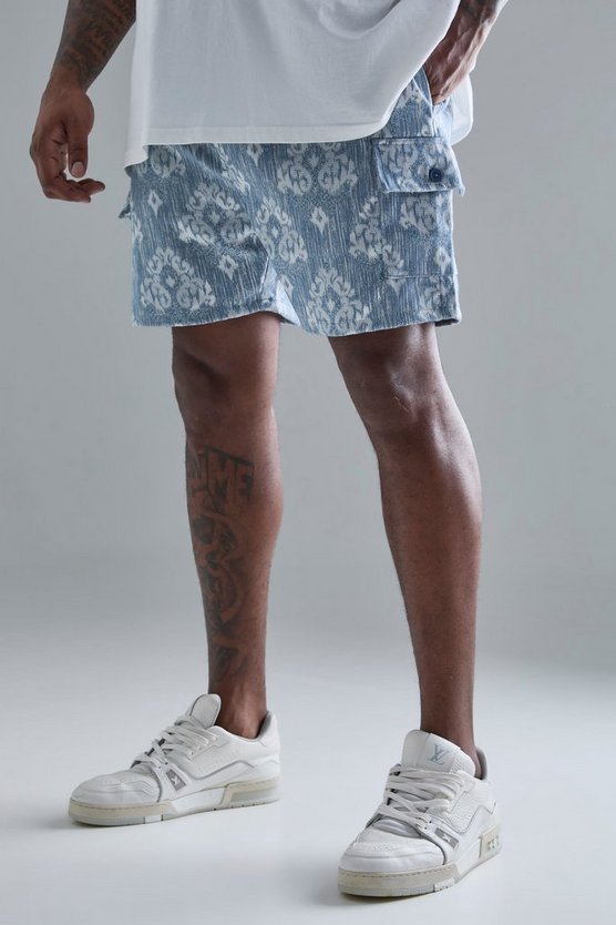 Plus blaue strukturierte Cargo-Shorts mit elastischem Bund