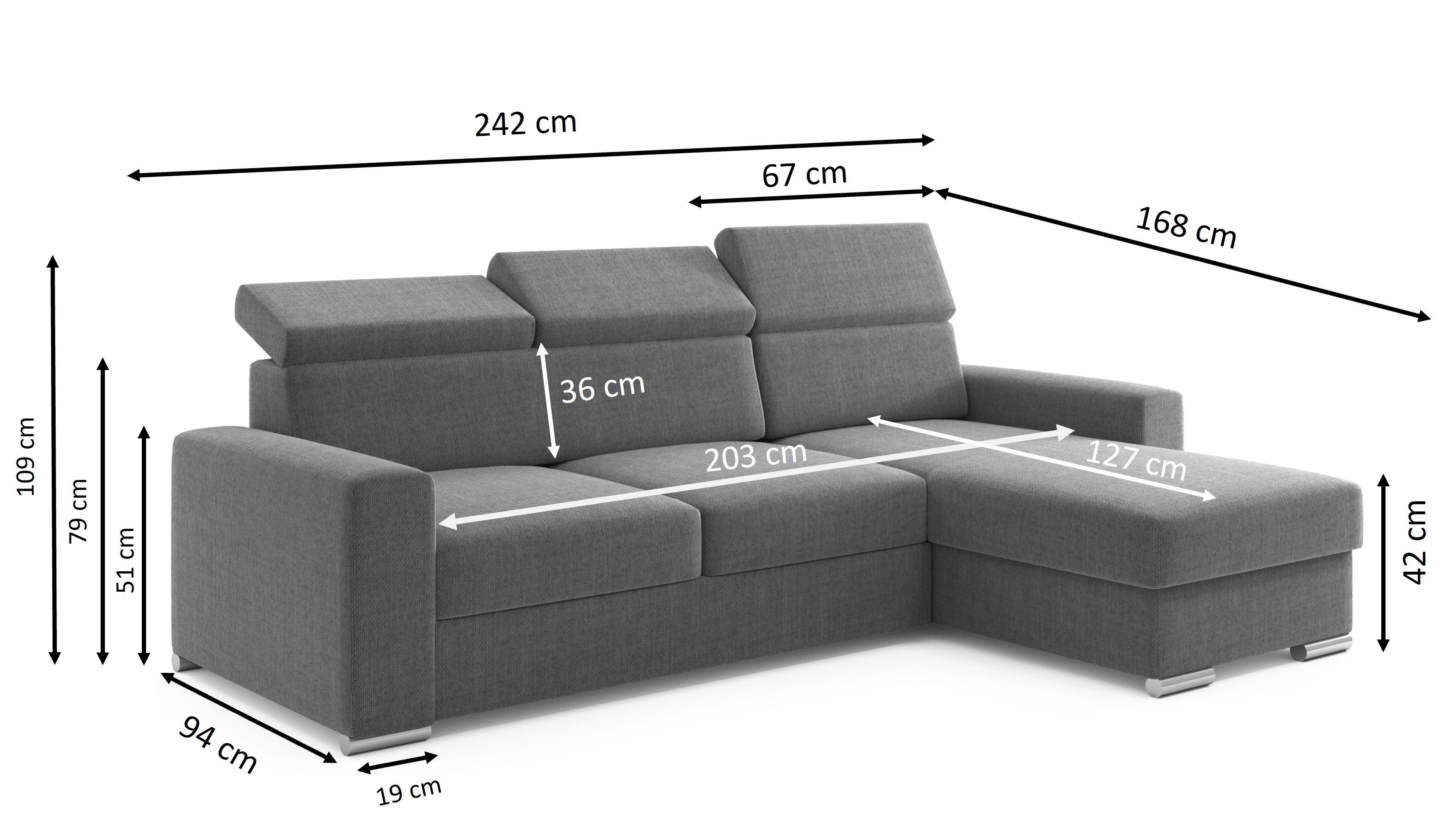 Möbel Punkt Ecksofa Ecksofa TOKIO Webstoff Grau oder Schwarz mit Bett und Bettkasten, Rechts und Links universell aufbaubar, mit Bettfunktion