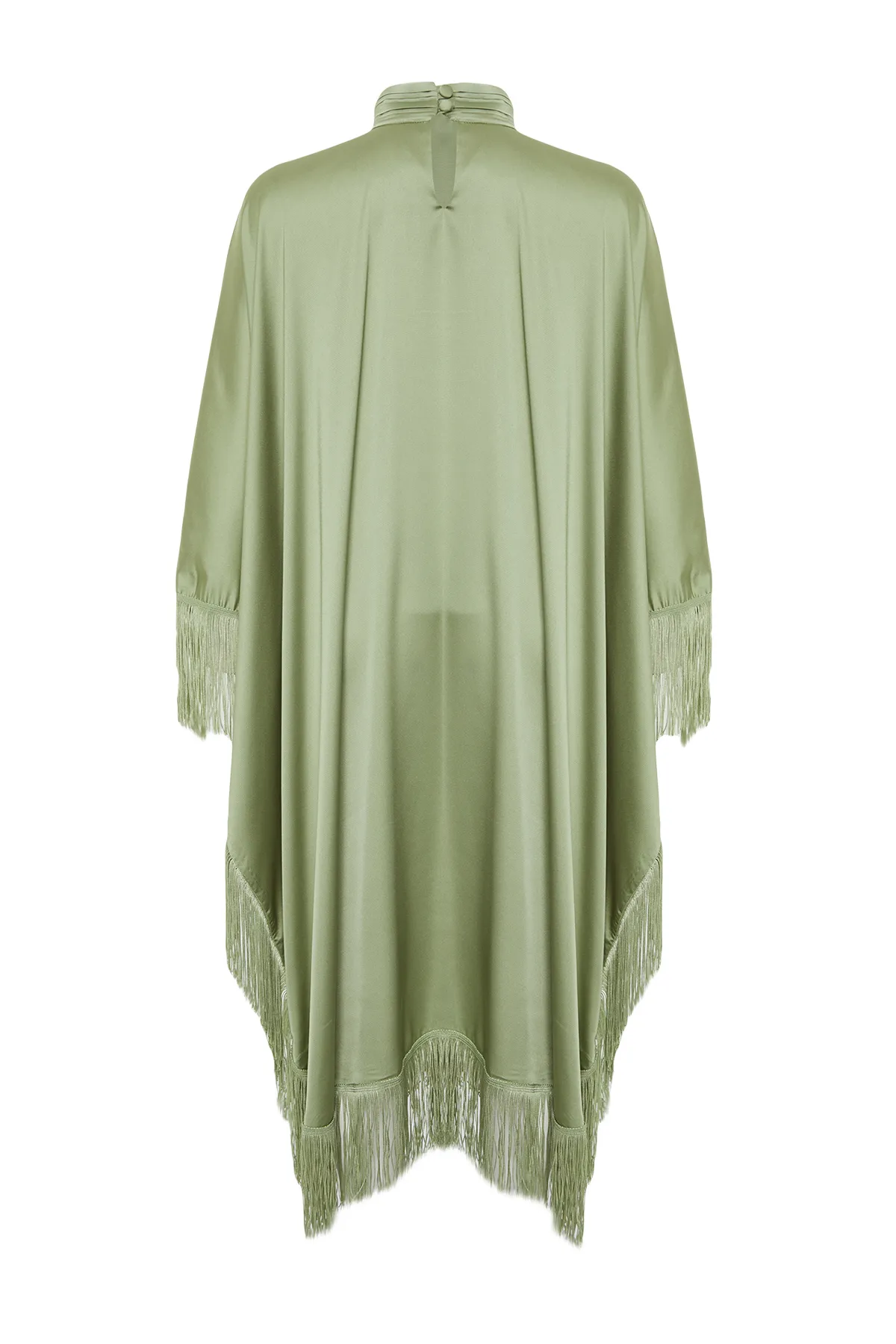 Trendyol Modest  Khakifarbenes Kaftan-Abendkleid aus Satin mit Quasten und Details TCTSS24DB00038