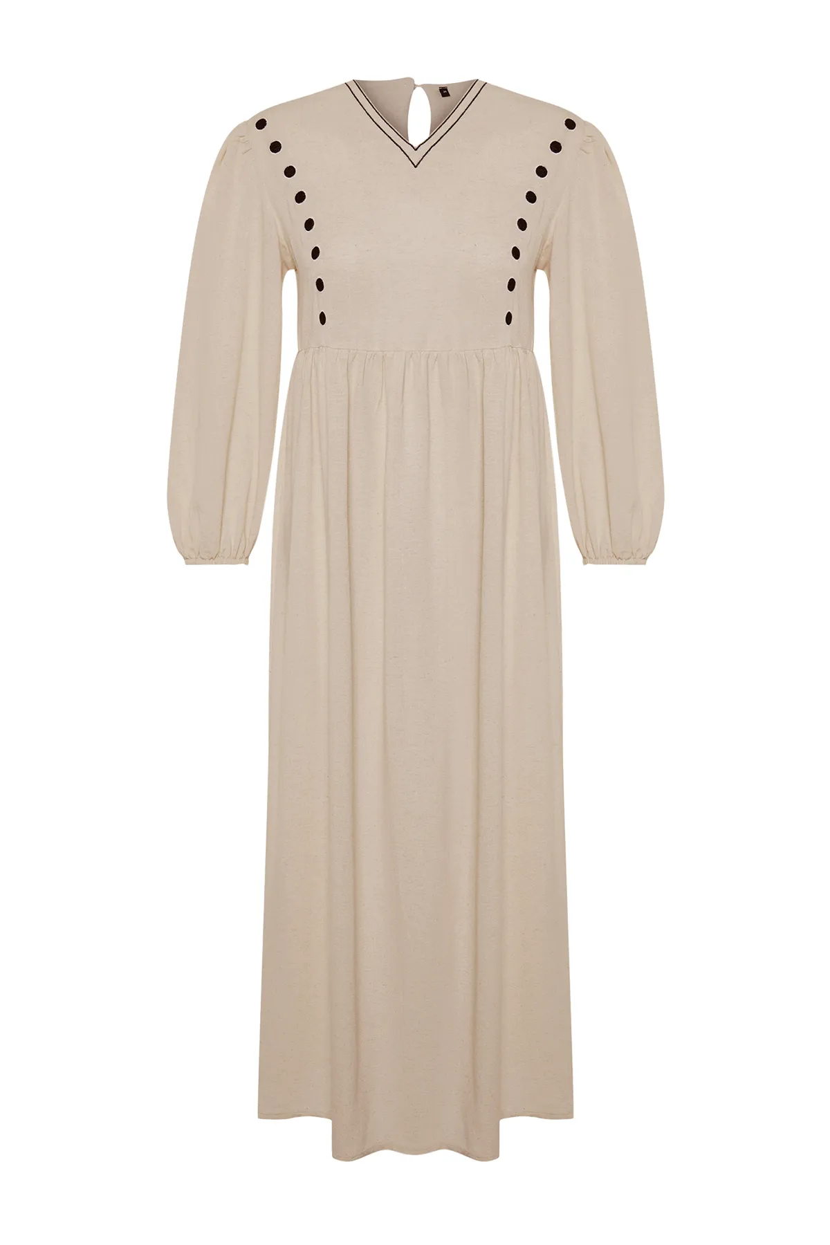 Trendyol Modest  Beiges, detailliertes, gewebtes Kleid in Leinenoptik mit V-Ausschnitt TCTSS24EB00139