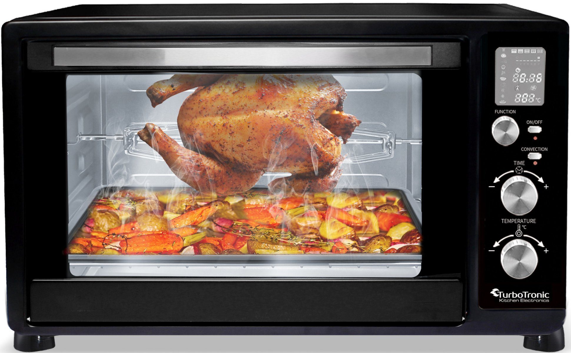 TurboTronic by Z-Line Minibackofen 45 L mit Umluft Drehspieß 2000W 2x Backblech Gitter Kompakt Elektro, Mini Tisch Backofen Camping Pizzaofen Digital
