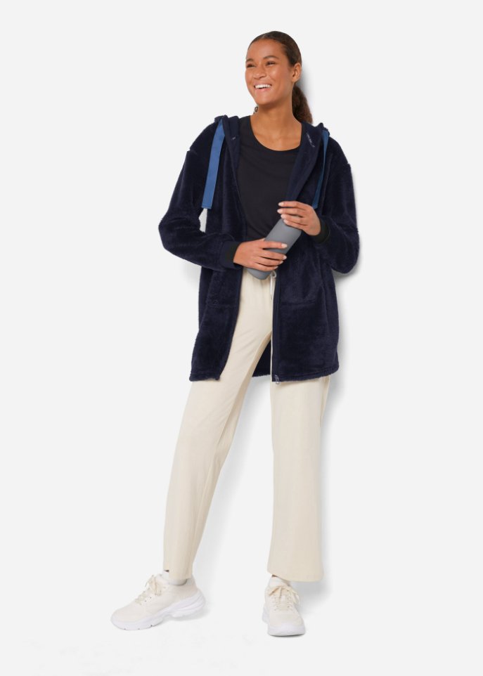 Kuschel-Long-Fleecejacke mit Kapuze