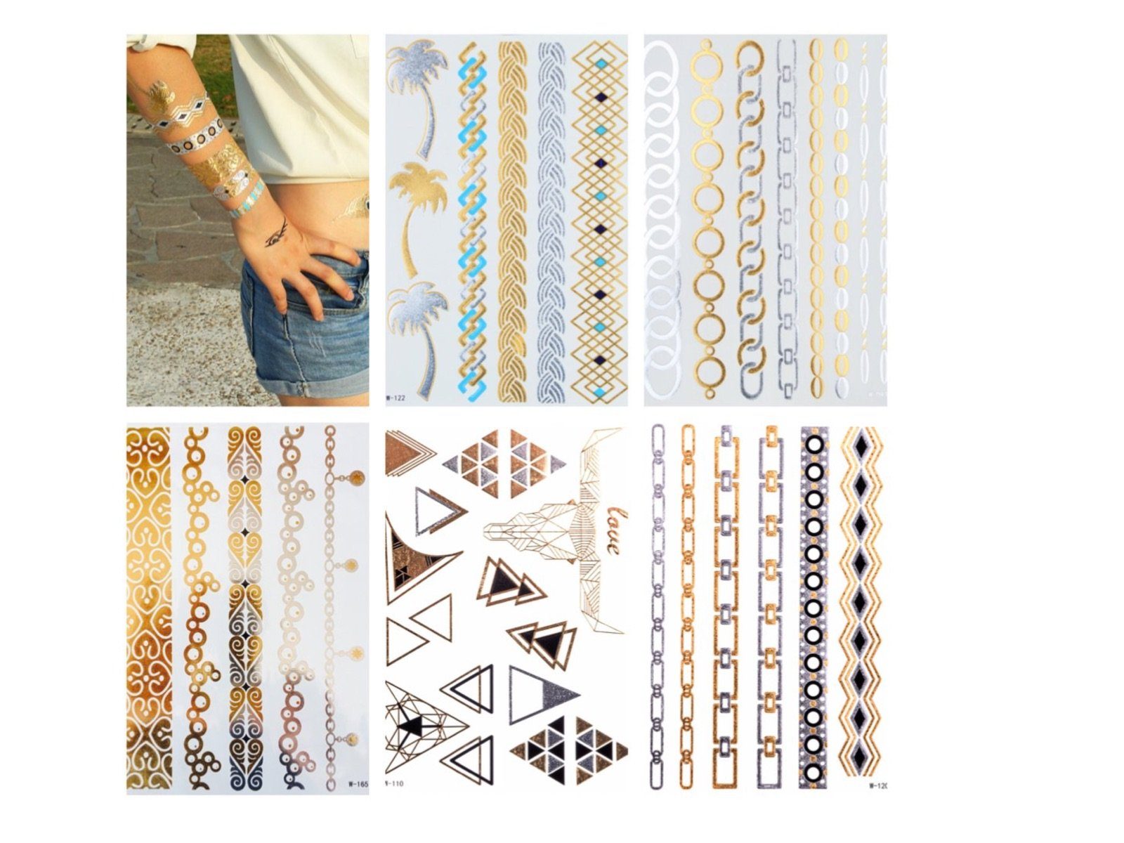 LK Trend & Style Schmuck-Tattoo Modeschmuck BEAUTY, Gold Metallic Flash Tattoos, Armkettchen, 5 Sets 40 Motive, zum Aufkleben auf die Haut