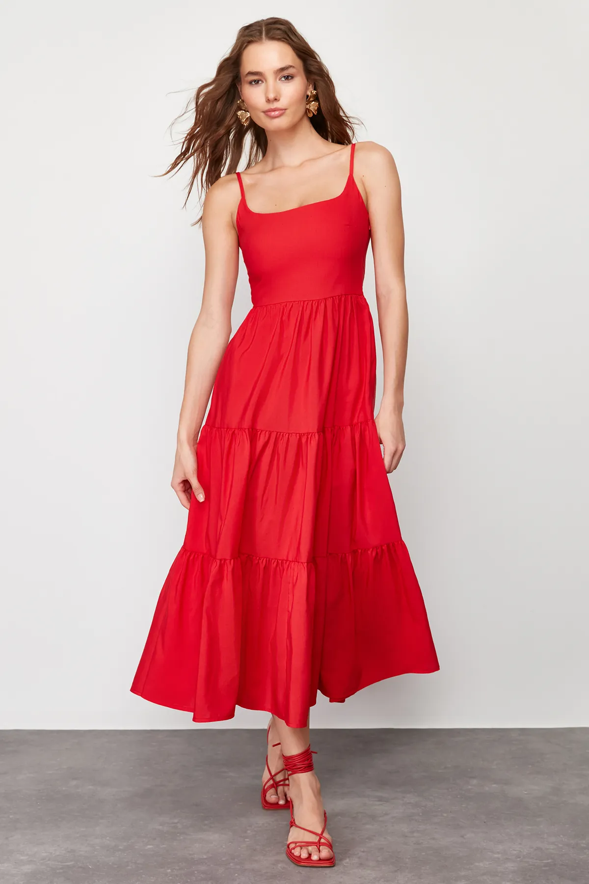 Trendyol Collection  Roter Rock mit Taillenöffnung, gewebter Baumwollmischung, Maxikleid TWOSS24EL00386