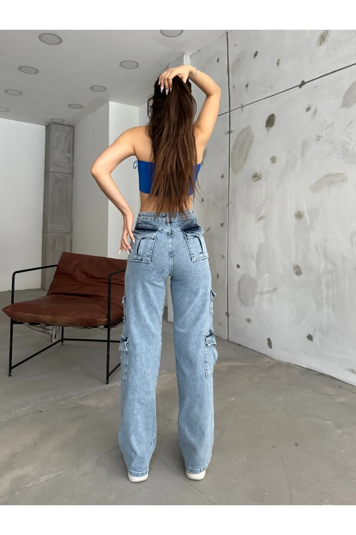 BİKELİFE  Blaue Cargohose für Damen mit hoher Taille und mehreren Taschen und gerader Passform