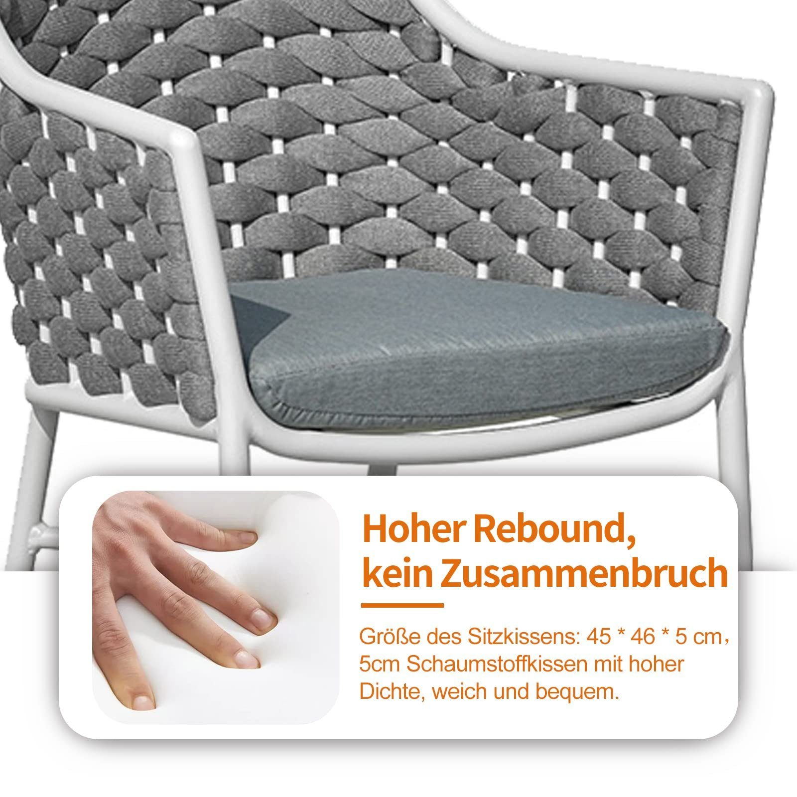OKA Rattanstuhl Gartenstuhl-Set mit 2 Stück 58x57x79 cm, Mit Kordelgeflecht und weichem Sitzkissen, Edelstahlgestell