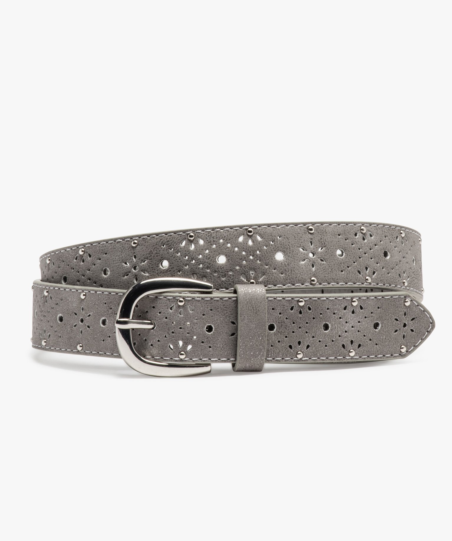 Ceinture à motifs fleuris perforés et clous argentés femme gris | GEMO