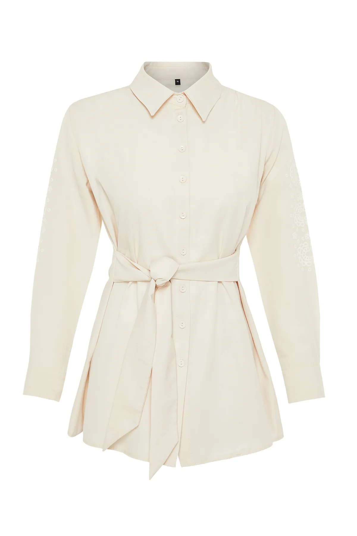 Trendyol Modest  Bedrucktes Baumwollhemd mit Gürtel und Steinärmeln und detailliertem Detail TCTSS24TG00038
