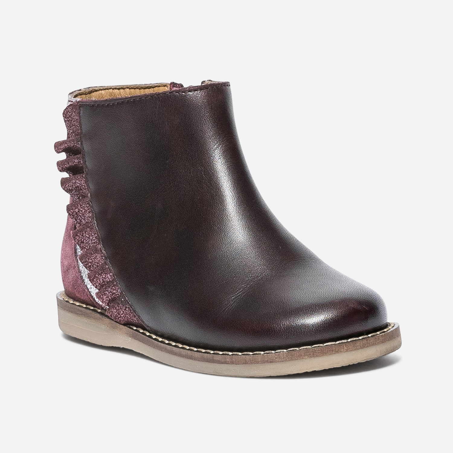Boots prune en cuir à volant