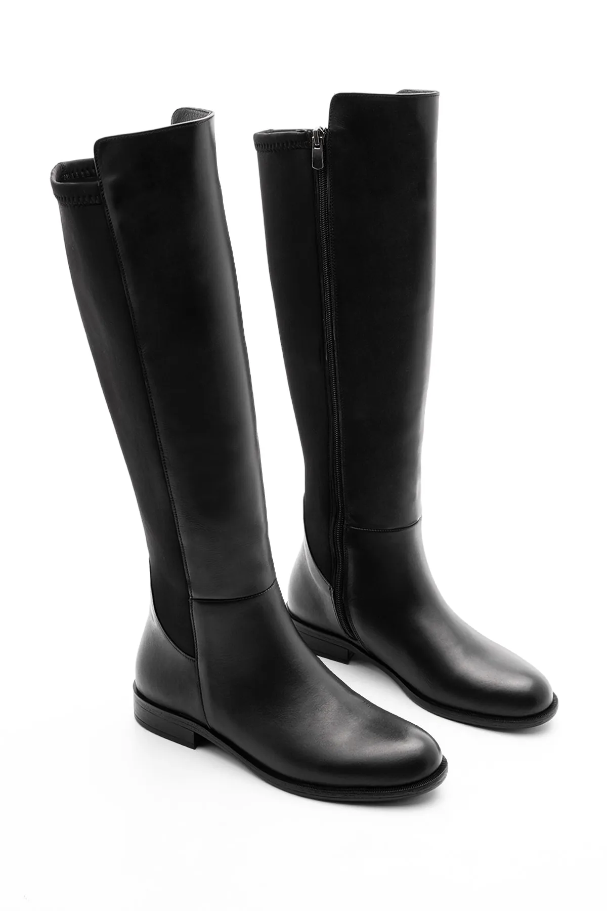 Marjin  Damen Stiefeletten aus echtem Leder mit Stretchanteil, elastisch, kniehoch, Reißverschluss, Zolen Schwarz