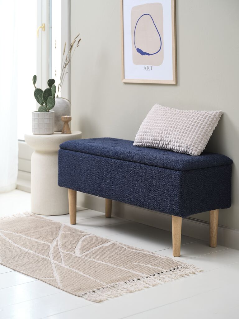 Banc de salle de bain avec espace de rangement, tissu bleu foncé