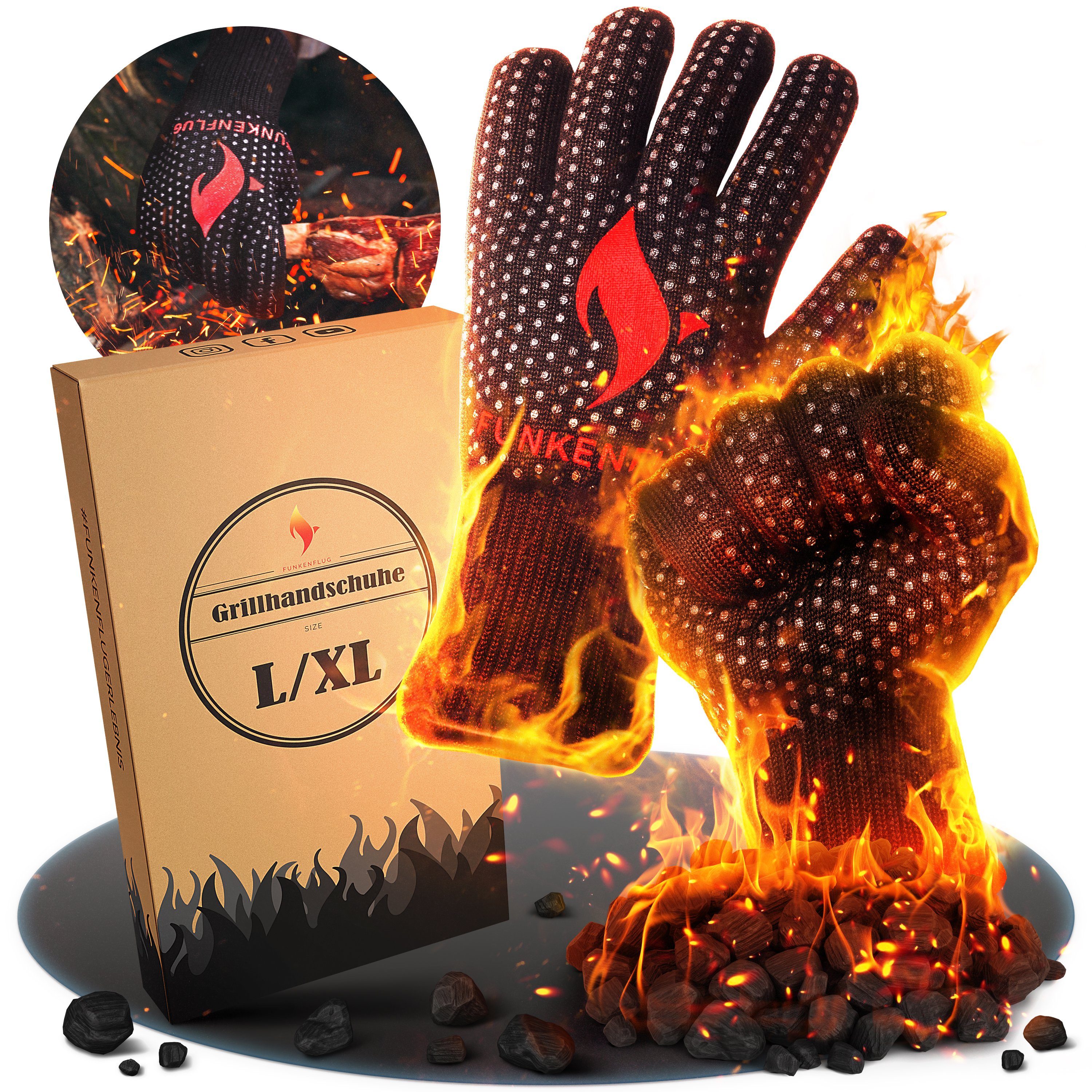 Funkenflug Grillhandschuhe Funkenflug® Premium Grillhandschuhe hitzebeständig, (3 bequeme Größen [Neu] - Lange feuerfeste Handschuhe für ein einzigartiges Grillerlebnis, 2-tlg., 1 Paar Grillhandschuhe + 2 Stück Dutch Oven E-Books), inkl. Geschenkverp