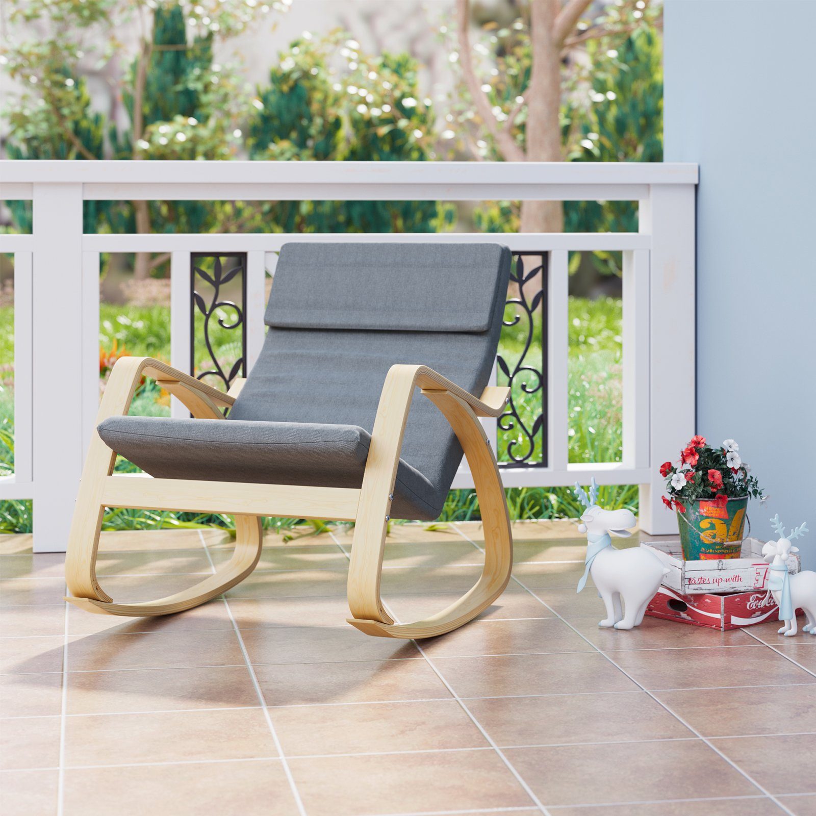 HOMECHO Schaukelstuhl, Schwingsessel Relaxstuhl aus Birkenholz Grau