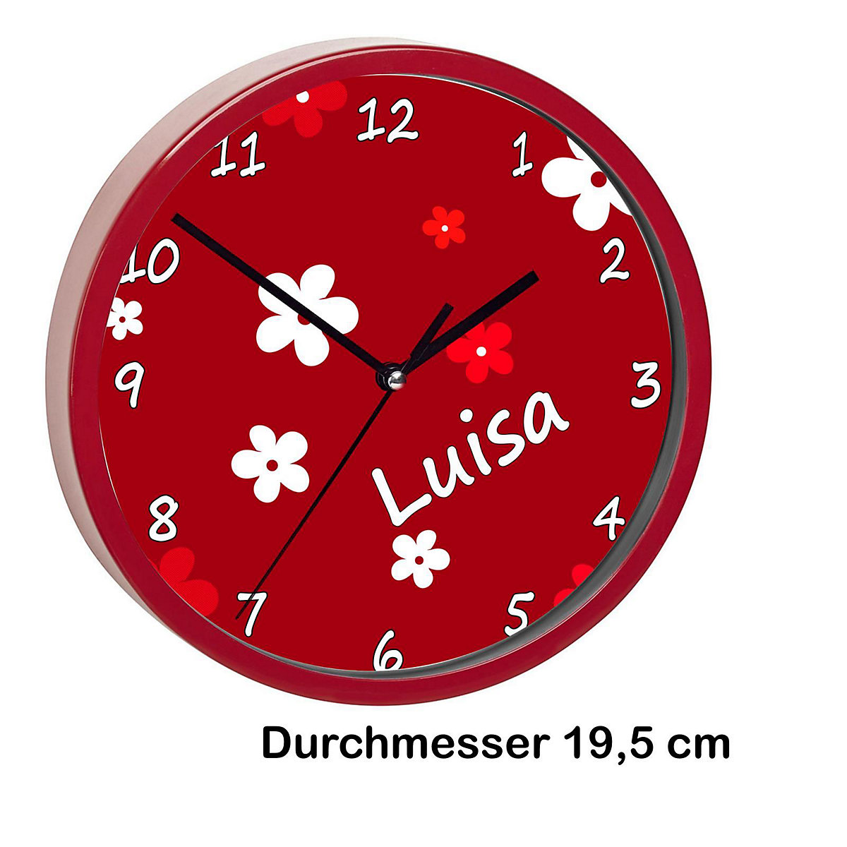 Kinder Wanduhr laufruhig personalisiert mit Name Blumen Rot