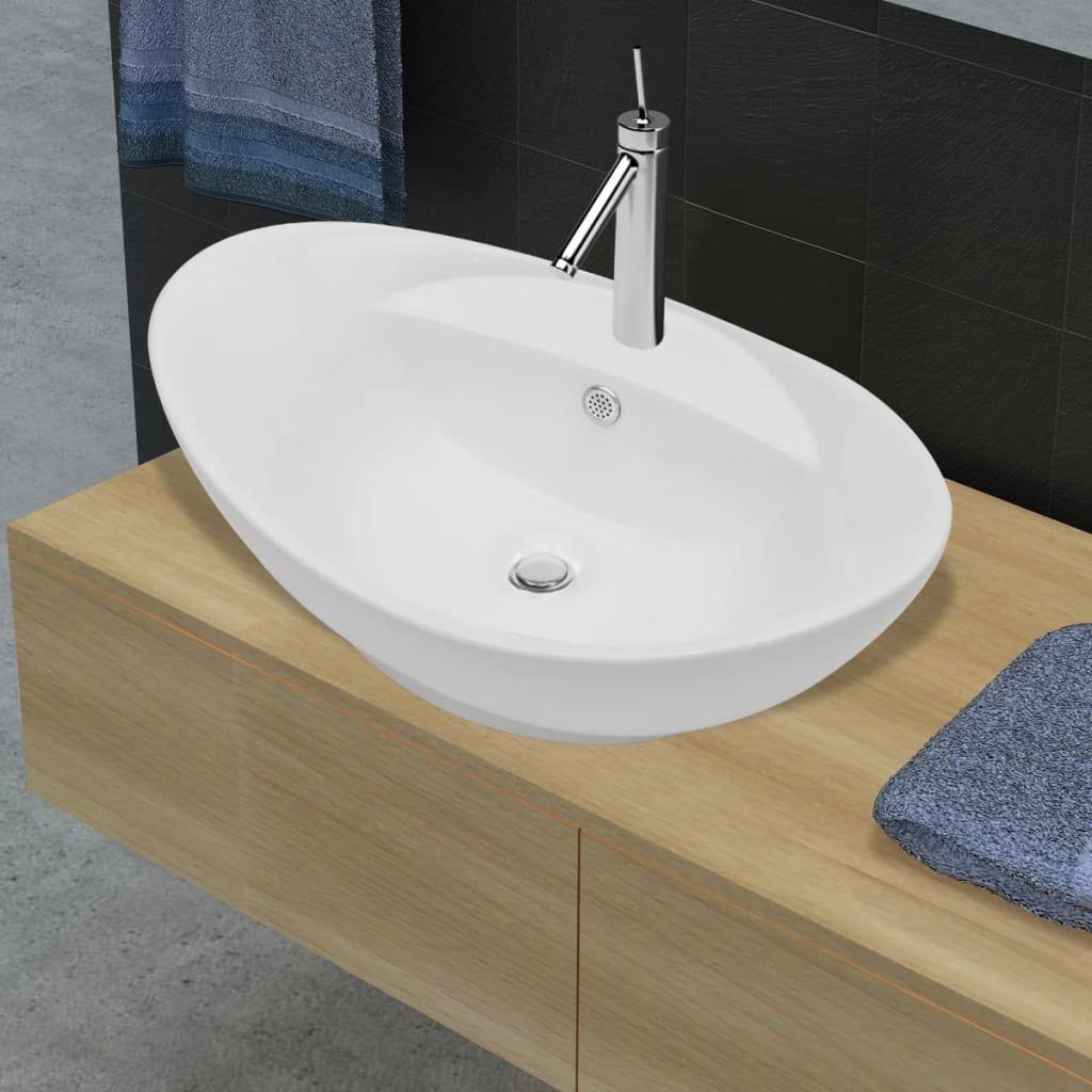 vidaXL Waschbecken Luxus-Keramikbecken Oval mit Überlauf und Wasserhahnloch
