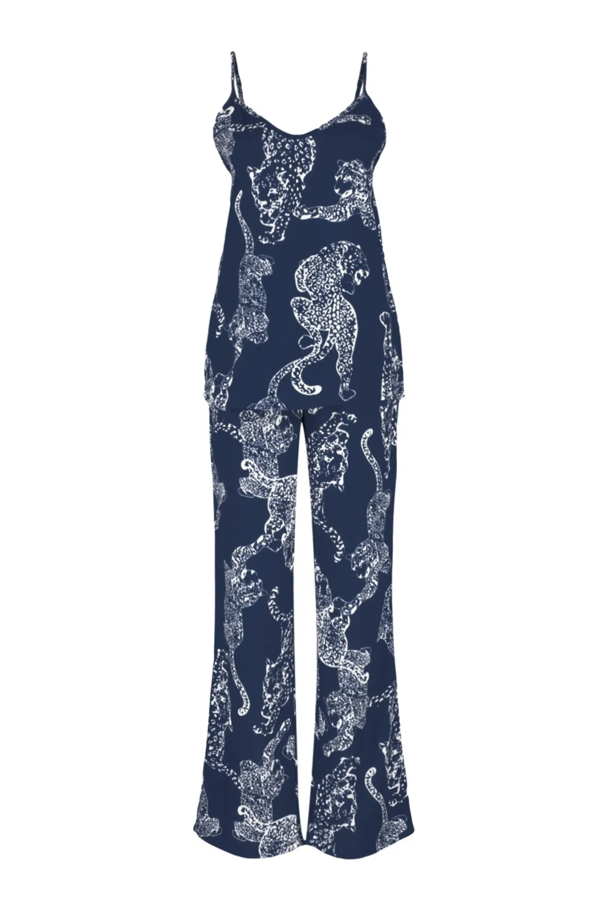 Trendyol Collection  Blaues Pyjama-Set aus Viskosegewebe mit Tiermuster und Seilträgern THMSS24PT00127