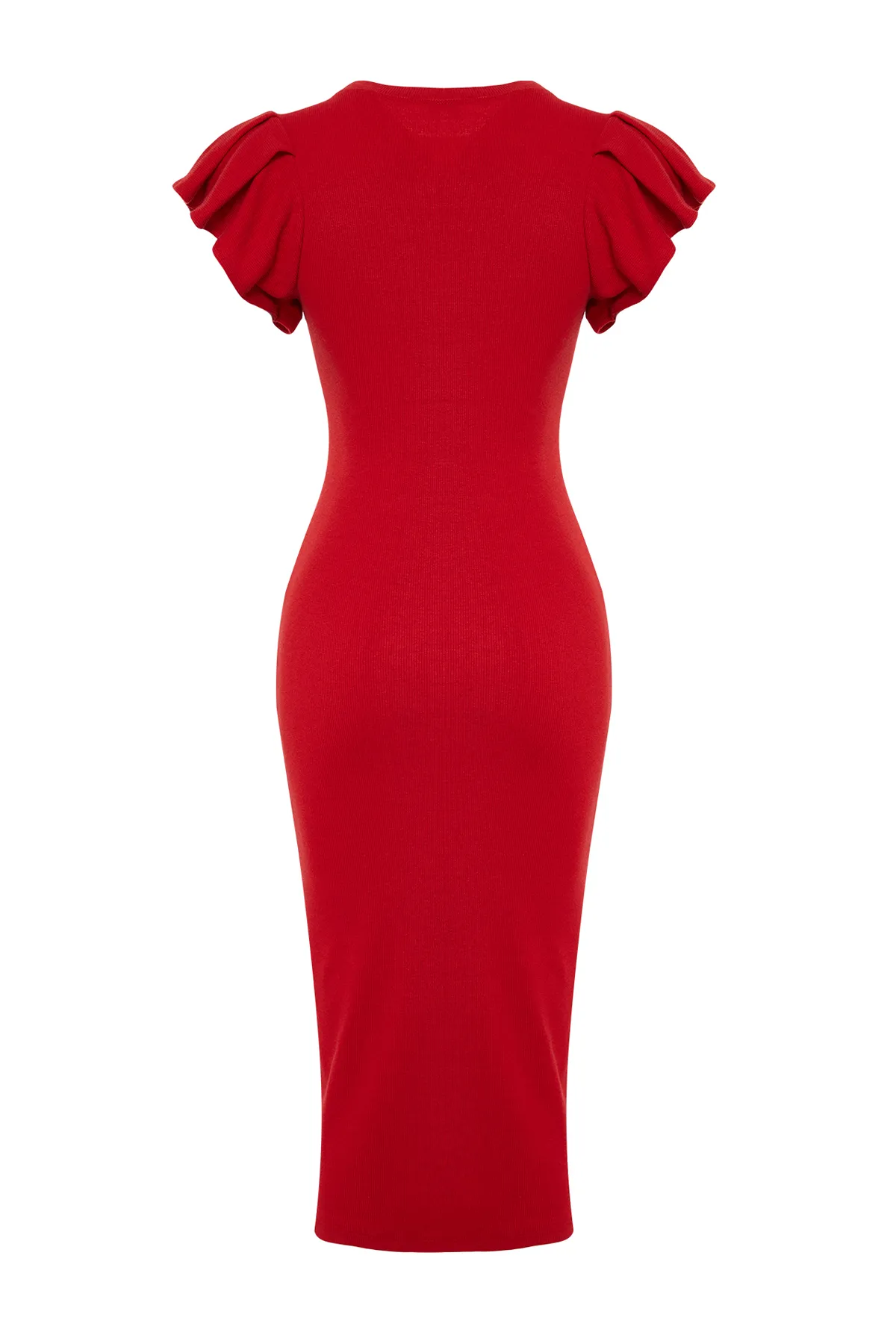 Trendyol Collection  Rotes Midi-Strickkleid mit Volants und gerippten Ärmeln TWOSS23EL01708