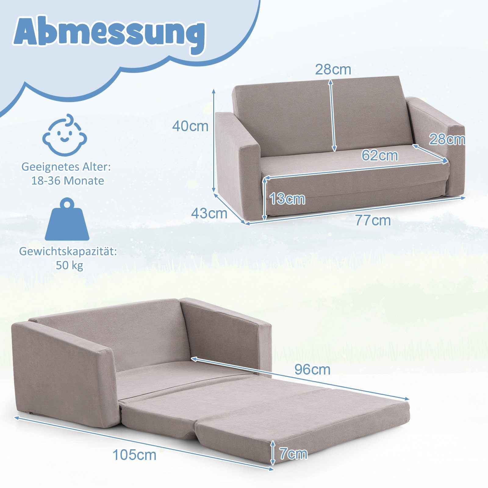 COSTWAY Kindersofa 2 in 1 Schlafsofa, 77 x 43 x 40 cm