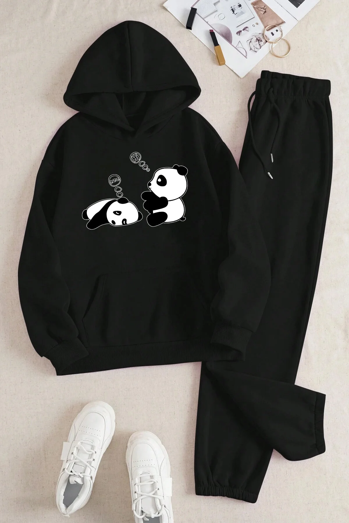 uyguntarz  Bequemes Trainingsanzug-Set mit Sleepy Panda-Aufdruck für Unisex