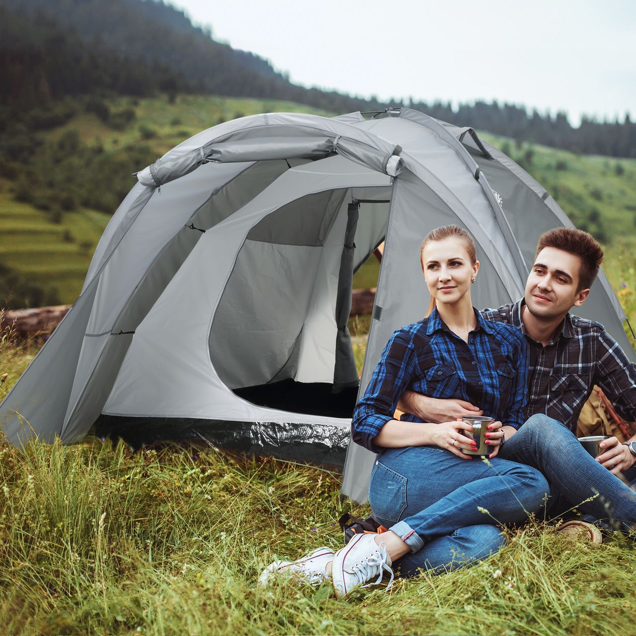 Outsunny Campingzelt für 2-3 Personen Glasfaser Tür mit Reißverschluss Meshfenster inkl. Transporttasche Kuppelzelt 190T PU2000mm Glasfaser Grau